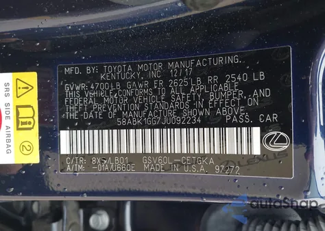 2018 Lexus Es 350 from USA, damaged, VIN 58ABK1GG7JU092234